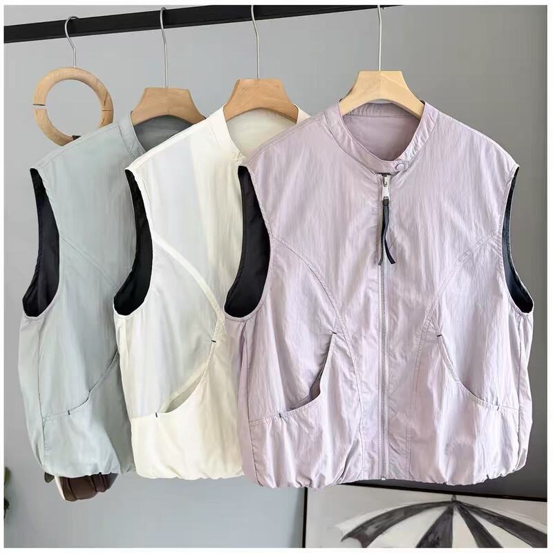 08-21【m Bust 108cm, Length 57Cm】Women's Stand-Up Collar Zippered Vest with Straight Pockets A1915 08-21【m Bust 108cm, Length 57Cm】Women's Stand-Up Collar Zippered Vest with Straight Pockets A1915