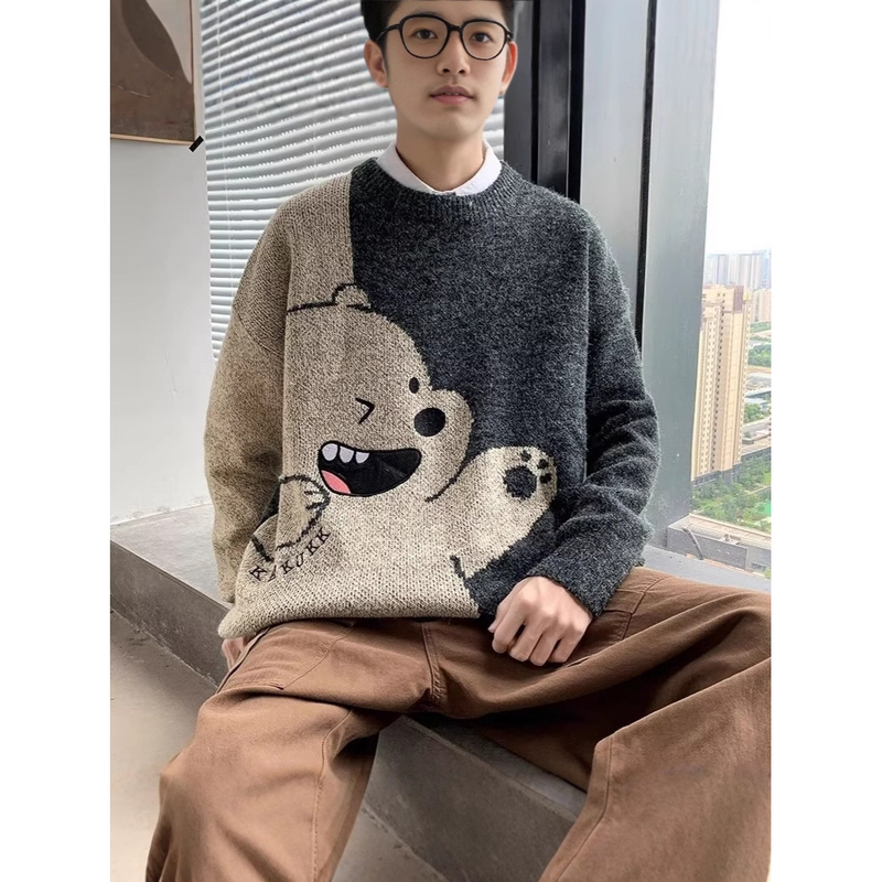 Spring, Autumn, and Winter Japanese-Style Men's Loose Korean Fashion Bear Wool Knit Sweater with Fleece and Thickened Design