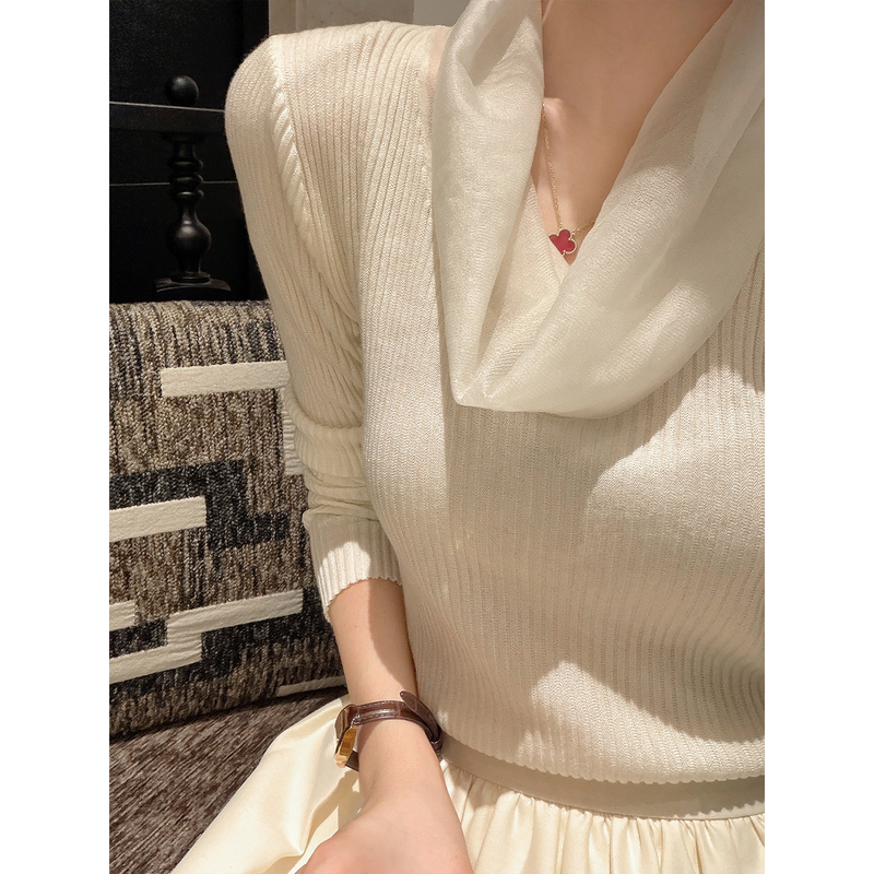 33 Has Arrived: the "Gentle Background Color" Mesh Layered Collar Top for Women, Autumn and Winter Base Layer, Wool Blend Inner Knit Sweater