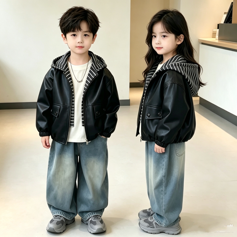 A06062 (Bbxdd) Boys and Girls Padded and Thickened Faux Rabbit Fur Parka Jacket Leather Jacket Leather Cotton Coat