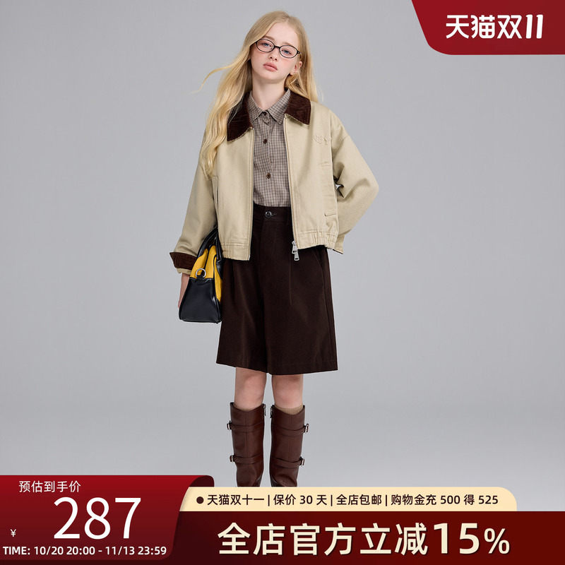 Girl Buddy Girls' Khaki Retro Jacket for Girls 2026 New Autumn Children's Clothing Stylish Teen Tops