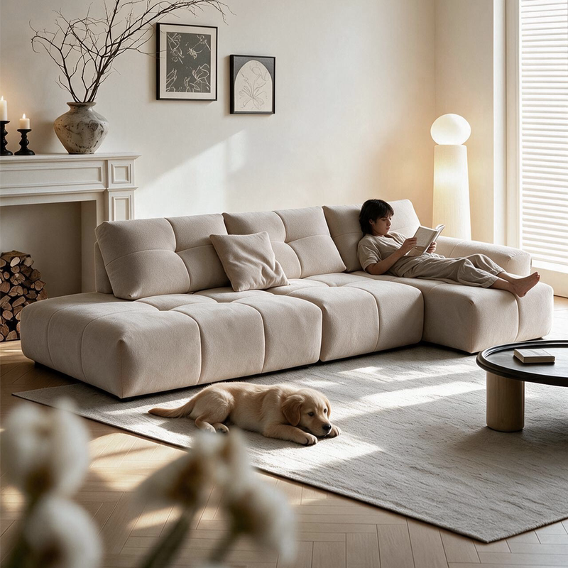 Modern Minimalist Chenille Pixel Module Chaise Lounge Sofa with Adjustable Backrest and Removable Fabric Cover