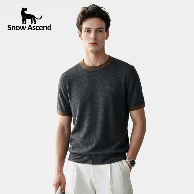 [Merino Wool + Cashmere] Snow Leopard Men's Contrast Color Knitted Short Sleeve T-Shirt Autumn New Round Neck Light Luxury Top