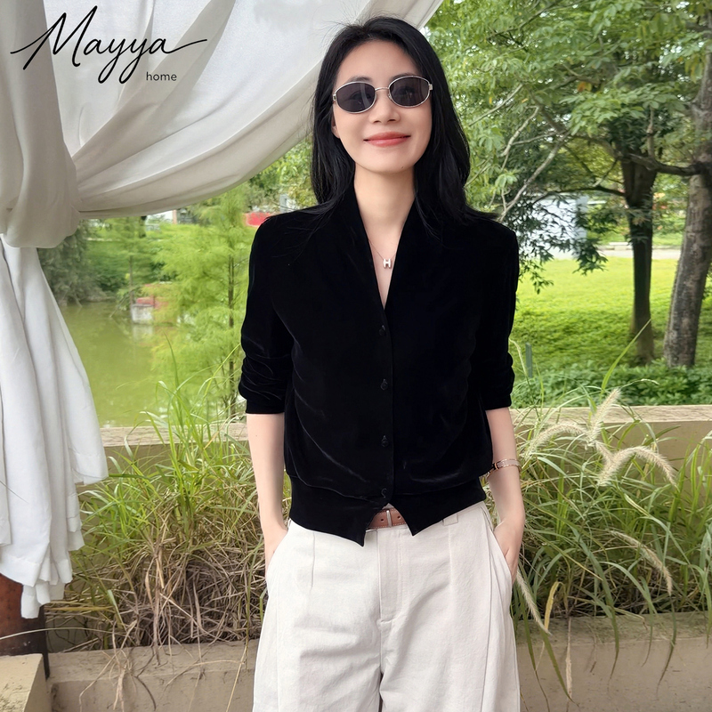 Laomai's Private Brand Mayyahome Elegant Matte Glossy Small V-Collar Black Velvet Short Jacket Top for Women