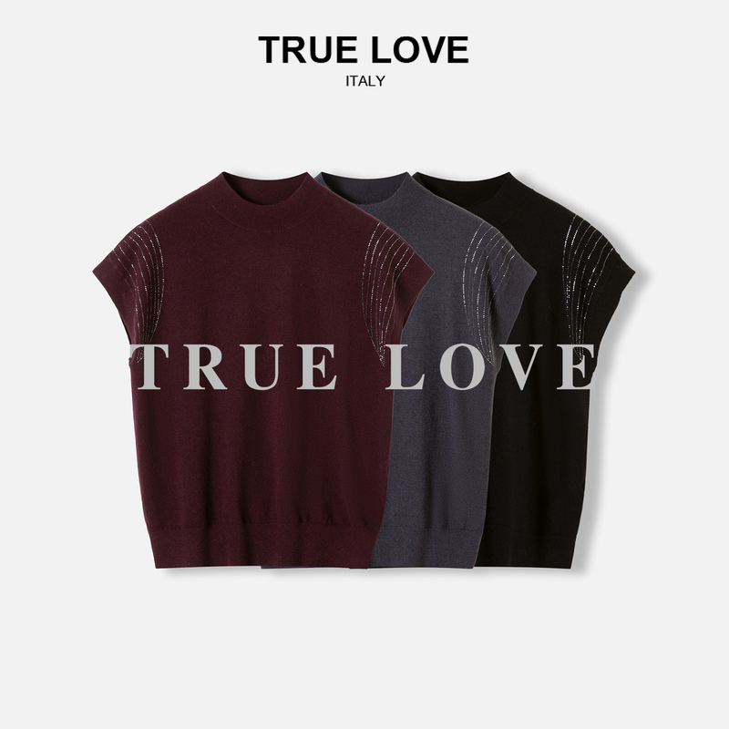 【True Love】100% Sheep Wool Half-High Collar Rhinestone Sleeveless Knitwear Td3K9012301Y 【True Love】100% Sheep Wool Half-High Collar Rhinestone Sleeveless Knitwear Td3K9012301Y