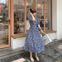 Blue daisies show white bellflower first love v-neck floral over-the-knee dress Lace-up French ins temperament dress summer