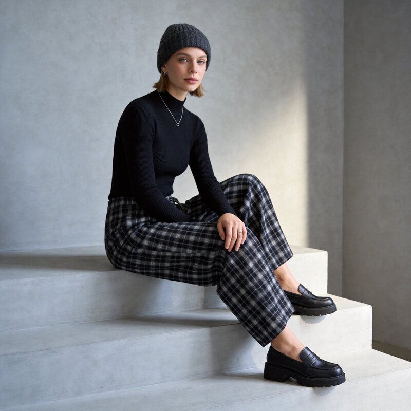 [Exclusive to Sisi] Elastic Waist Plaid Casual Pants, Retro Casual Style Ns1116
