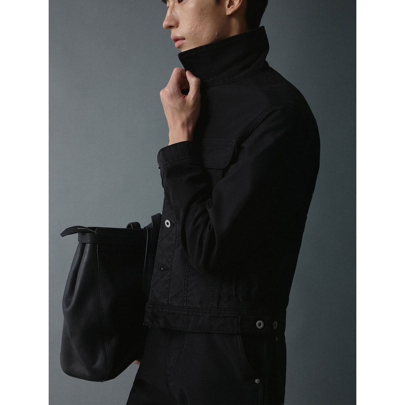 Kansue / Black Washed Distressed Mink Leather Short Fitted Workwear Lapel Jacket