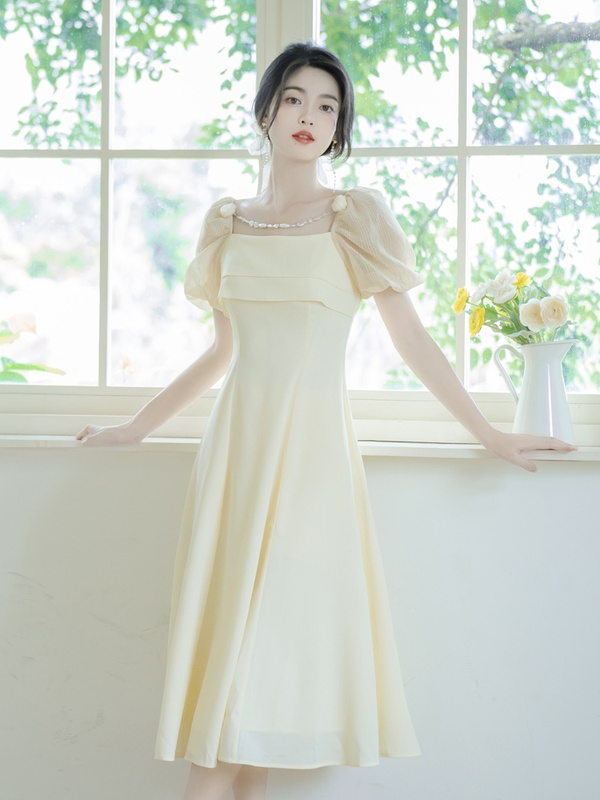 Tea Break French Style Beautiful Puff Sleeve Yellow Dress High-End Super Fairy Temperament First Love Long Skirt Xia Sen Style