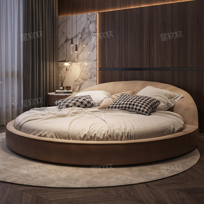 Minimalist Fabric Round Bed, Matte Fabric Master Bedroom Double Round Bed, Simple Soft-Packed Luxury Villa Princess Wedding Bed, Italian Style Minimalist Fabric Round Bed, Matte Fabric Master Bedroom Double Round Bed, Simple Soft-Packed Luxury Villa Princess Wedding Bed, Italian Style