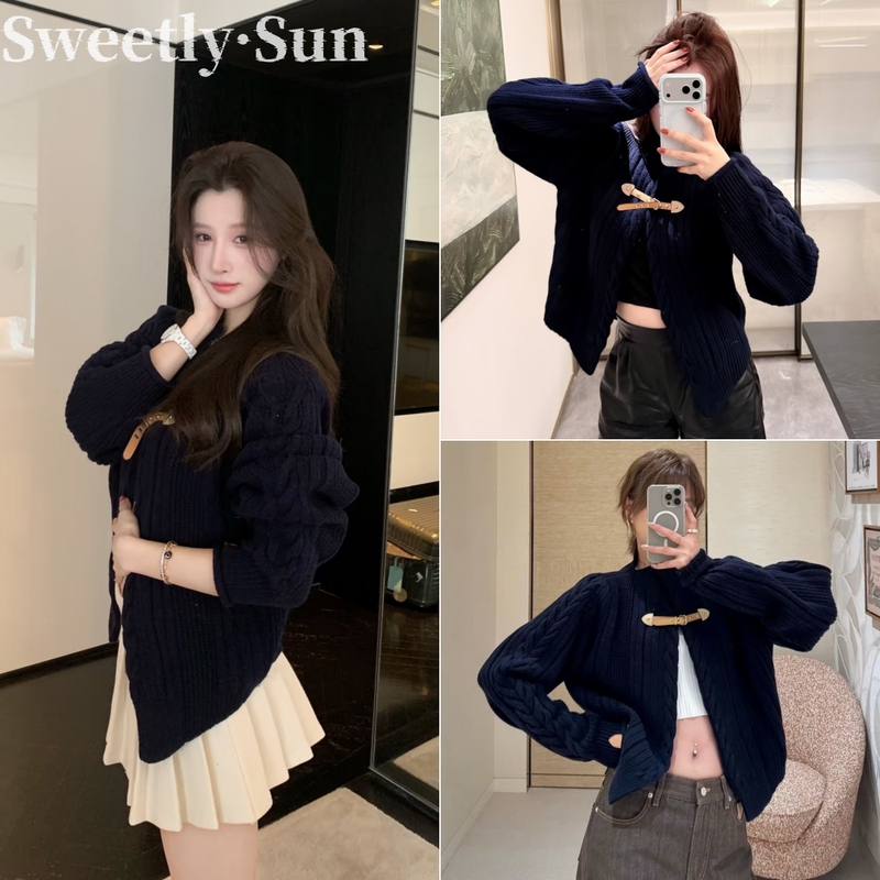 Sweetly·Sun Shenzhen Nanyou 26Fw Autumn/Winter Navy Blue Cable Knit Cardigan Leather Buckle Sweater
