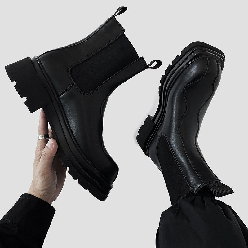 Chelsea boots Men's Inn Wind Winter Black High Help leather leather thick bottom square head Smoke Hood Boots Martin Boot Men's Boots Man-Taobao