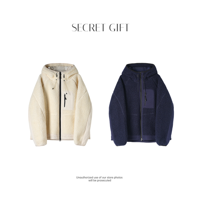 [Sold Out and Removed from the Shelves] “Snow Top Warm Fleece” Wool Particle Fleece Patchwork Zipper Wool Hooded Jacket