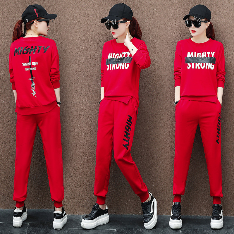 Brand autumn women's sports suits women's red fashion trendy brand large size fat mm hip-hop foreign style casual cotton