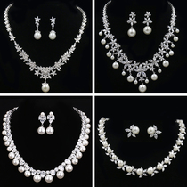Korean bride zircon pearl necklace earrings set chain jewelry wedding dinner party dress accessories wedding jewelry