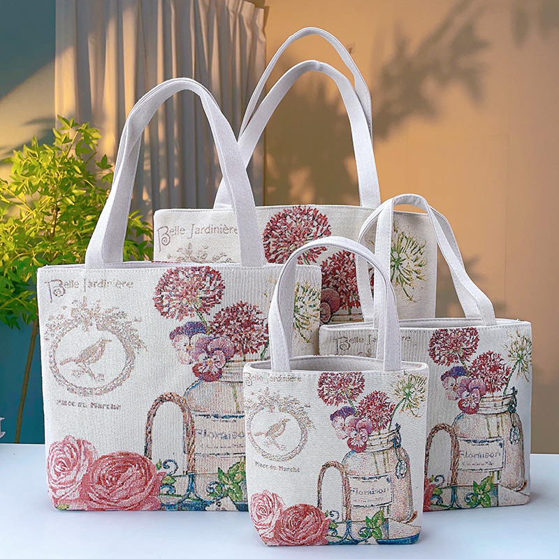 Flower in a Bottle Double-Sided Gold Jacquard Embroidery Canvas Handbag Shoulder Bag Casual Artistic Student Work Commute Bag