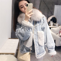 Maje moscoloni fox fur big collar denim jacket womens plus velvet 2021 winter new Korean version loose