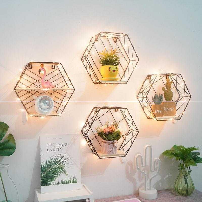 Creative Wrought iron hexagonal shelf Punch-free room decoration ins wall Wall decoration Hanging decoration Bedroom