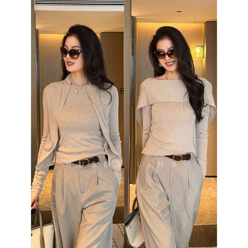 Linn【Luxury Layered Shirt】Oatmeal Color Two-Way Wear Atmospheric Top for Women Slim Fit Slimming Elegant Knitted Top Linn【Luxury Layered Shirt】Oatmeal Color Two-Way Wear Atmospheric Top for Women Slim Fit Slimming Elegant Knitted Top