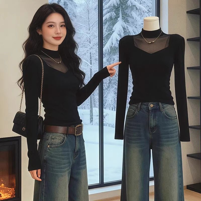 Half-High Collar Lace Base Shirt for Women 2026 Spring and Autumn New Style Mesh Fashionable Versatile Inner Lace Top Winter Half-High Collar Lace Base Shirt for Women 2026 Spring and Autumn New Style Mesh Fashionable Versatile Inner Lace Top Winter