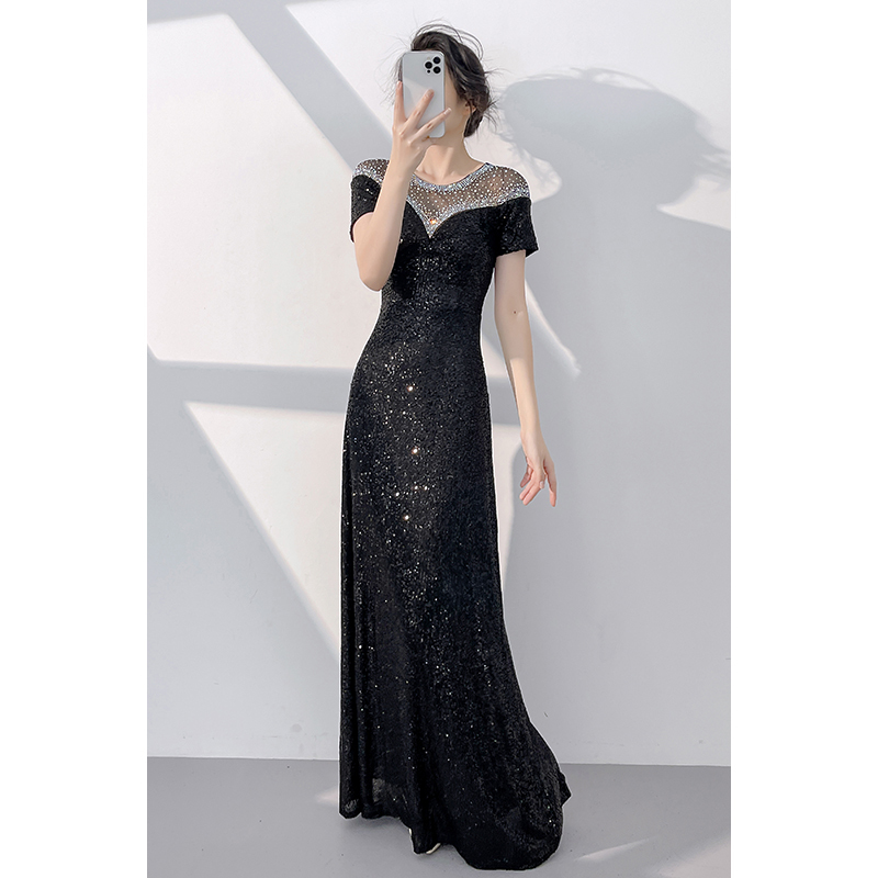 Black Evening Dress for Women 2026 New Style Banquet Elegant Light Luxury Niche High-End Annual Meeting Host Sequin Sophisticated Feel