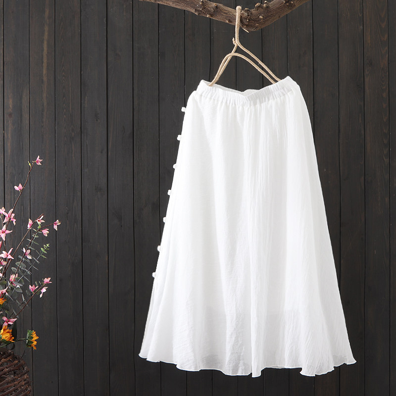 Tide brand summer literary solid color skirt female retro casual cotton and linen skirt elastic waist fairy A-line midi skirt