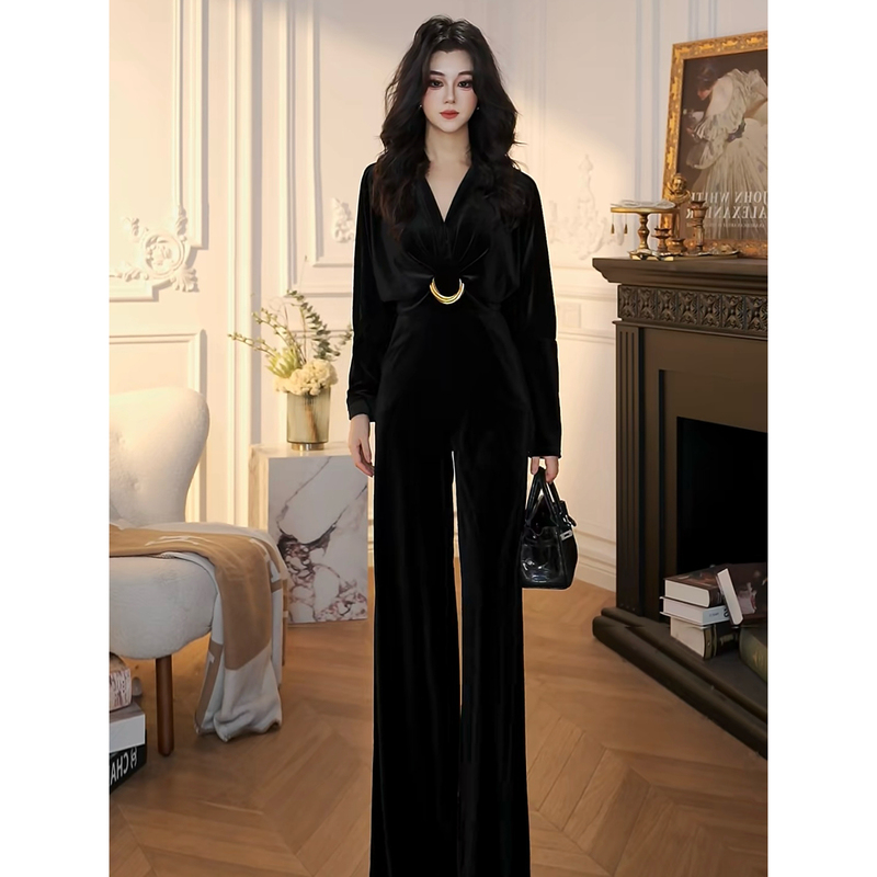 Xuanyan Black Velvet Jumpsuit for Women, V-Neck, Waist-Cinching, Wide-Leg Pants, High-End, Elegant, Workplace Jumpsuit Xuanyan Black Velvet Jumpsuit for Women, V-Neck, Waist-Cinching, Wide-Leg Pants, High-End, Elegant, Workplace Jumpsuit