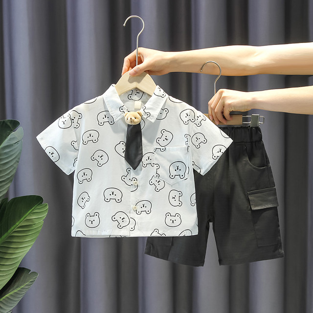 Children's clothing western style fashion suit baby summer bomb street short-sleeved shirt trendy boy casual handsome two-piece suit