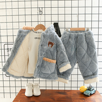 Winter childrens coral velvet pajamas autumn and winter boys baby children thickening and velvet flannel homewear suit