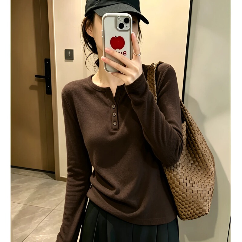 Simple Solid Color Base Shirt Top 2026 Autumn Slim Fit Elegant Button Half-Open Collar Design Long-Sleeve T-Shirt for Women