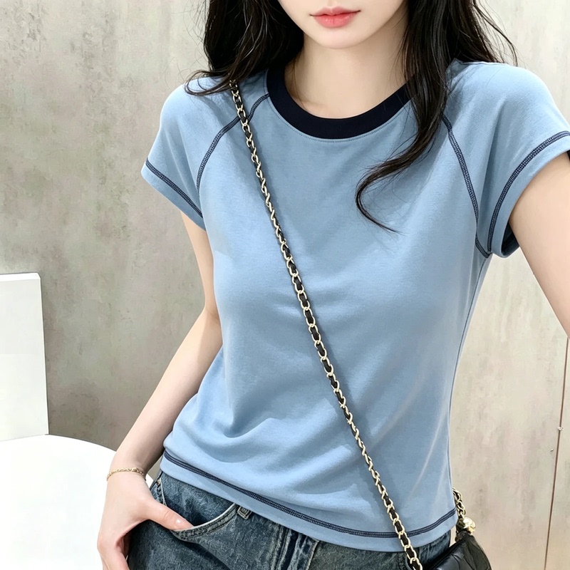 Summer Slim-Fit Round-Neck Pure Cotton Short-Sleeve T-Shirt for Women, Color-Blocking, Versatile, Casual, Stylish Design with Visible Stitching