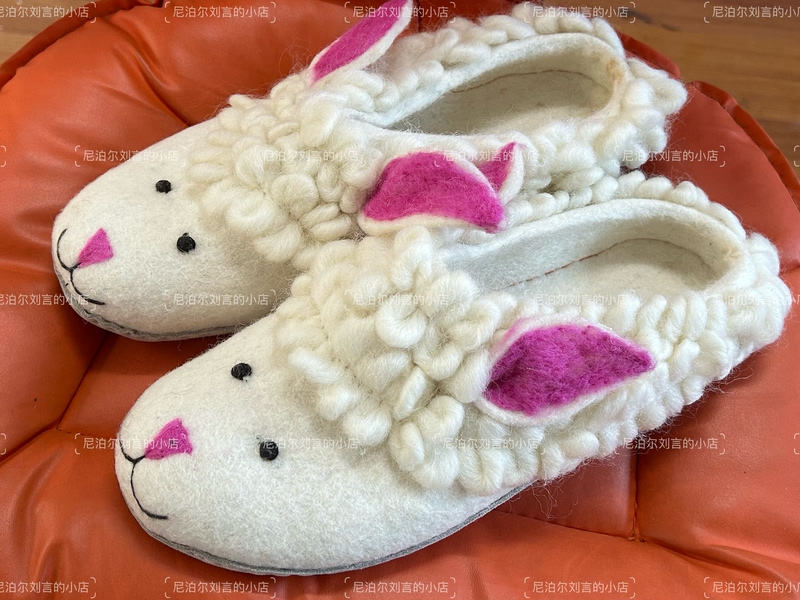 Nepalese Hand-Woven Wool Felt Slippers with Rabbit and Sheep Design, Indoor Silent Wool and Sheepskin Sole Slippers