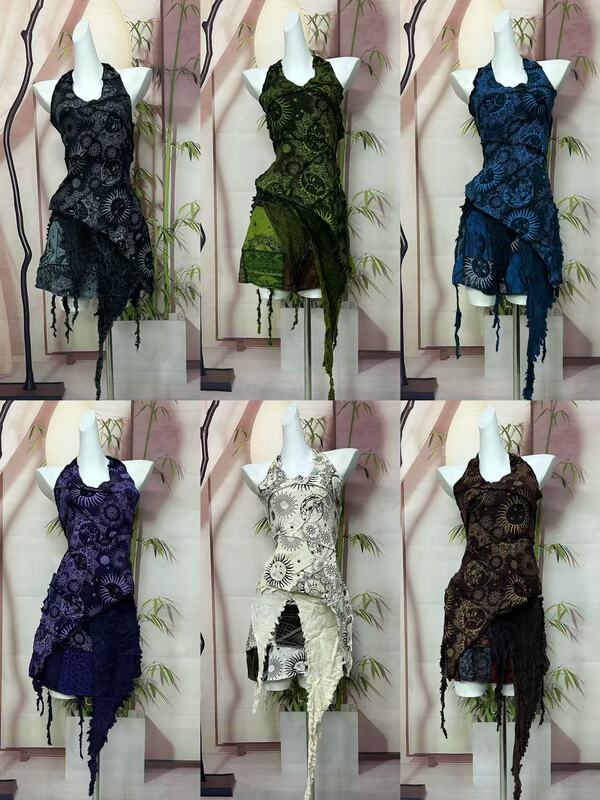 Nepalese Handmade Tie-Dye Printed Patchwork One-Piece Halter Dress Set