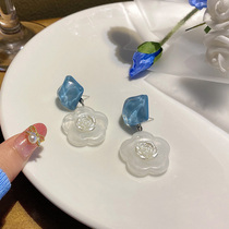 Sea breeze blue rose flower earrings female niche design sense acrylic acetate earrings round face thin ear jewelry