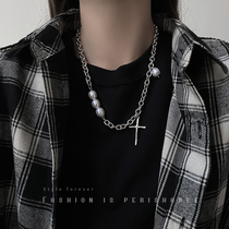 Cold wind Pearl cross stitching necklace female ins niche Joker long sweater chain couple accessories accessories men