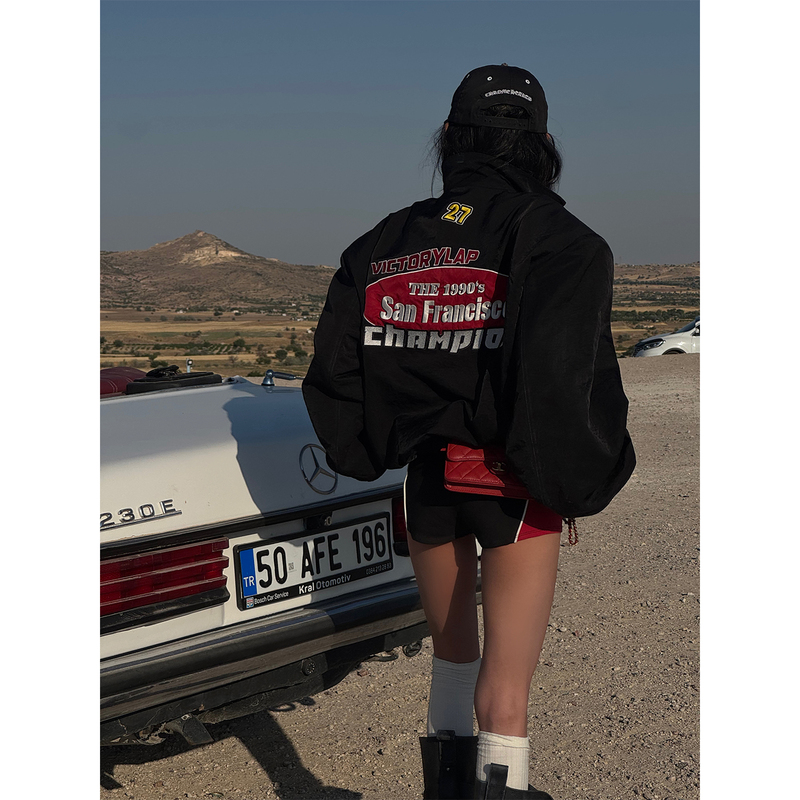 Korean Style Warden Edge Black American Baseball Jacket for Women, Spring and Autumn, Loose Fit, Embroidered Patch, Casual Biker Short Jacket