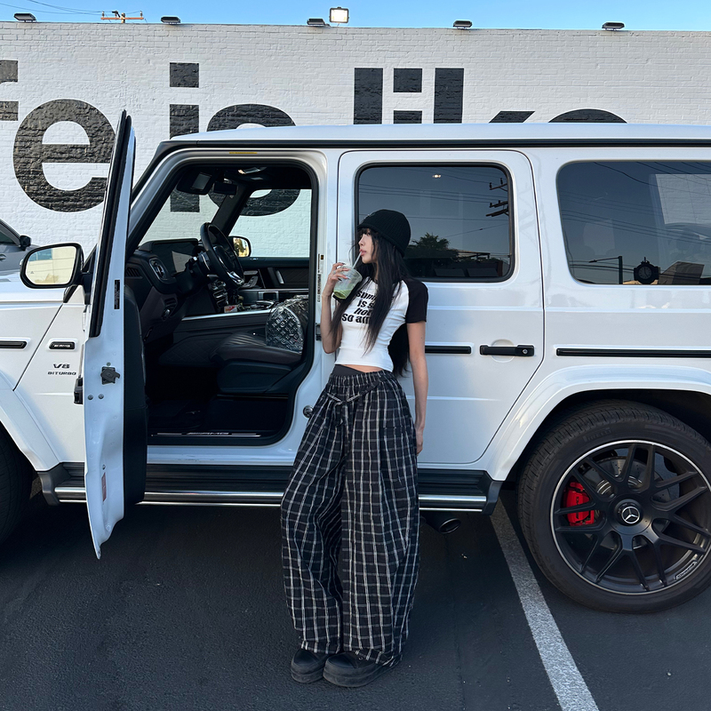 Korean Sweet Warden Edge Checkerboard Puzzle Black Dark Plaid Casual Pants Women's Summer Lazy Style Wide-Leg Long Pants Korean Sweet Warden Edge Checkerboard Puzzle Black Dark Plaid Casual Pants Women's Summer Lazy Style Wide-Leg Long Pants