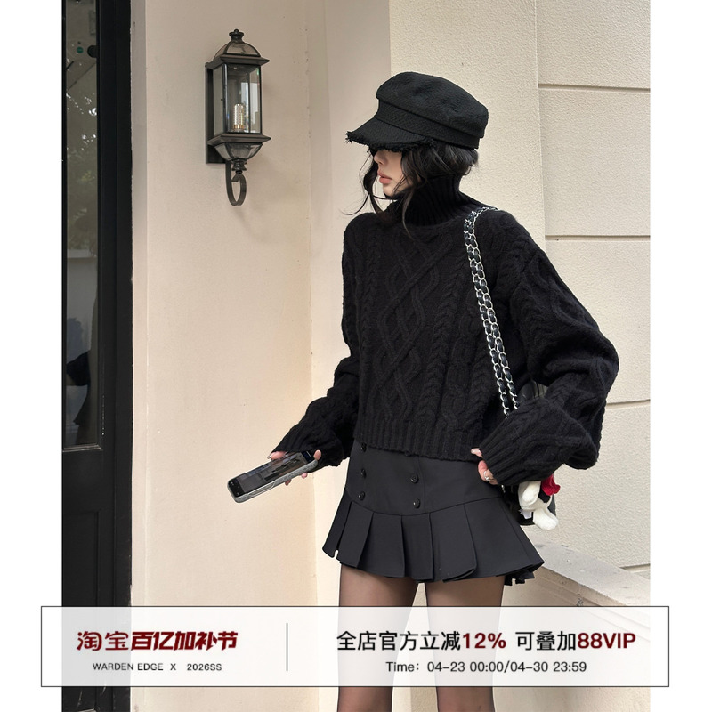 Hanhaotian Warden Edge Black Turtleneck Cable Knit Sweater for Women, Autumn and Winter Loose Thick Knitted Pullover Top
