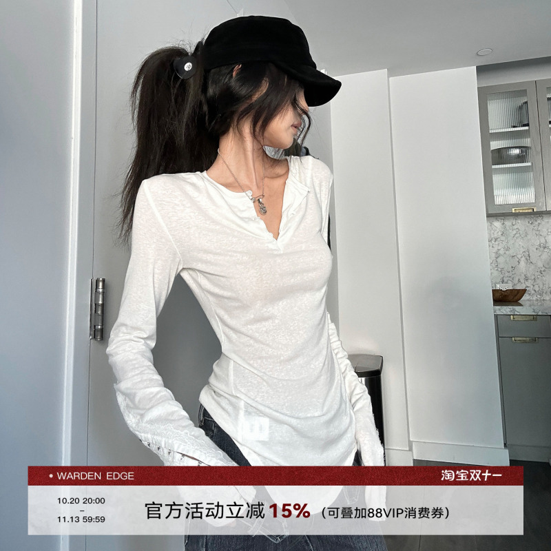 Han Hao Tian Warden Edge White Henry Collar Long-Sleeve Base Shirt for Women, Slim Fit, Regular Shoulder, Inner Layer T-Shirt