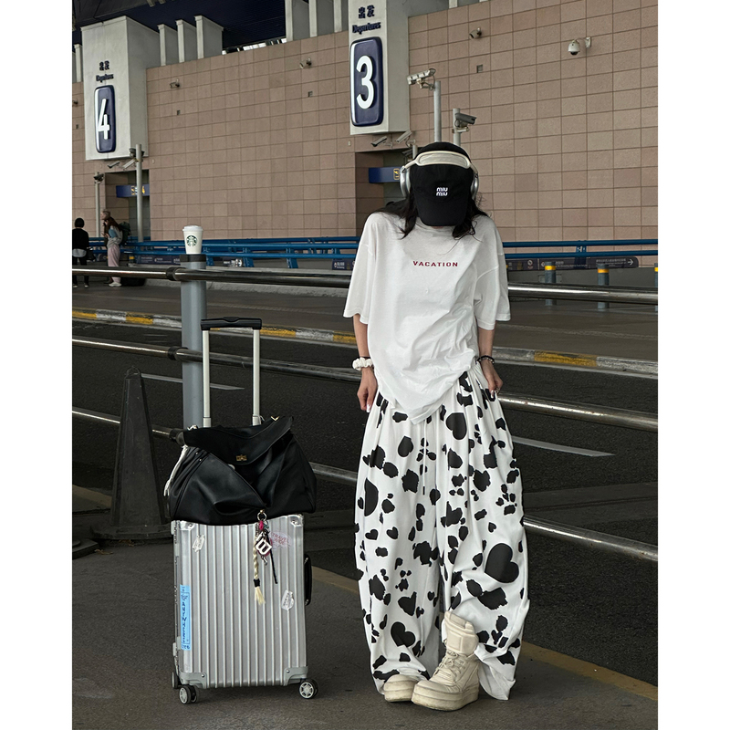 Han Hao Tian Warden Edge Heartbeat Mark Milk Pattern Print Casual Pants Women's Summer Loose Wide-Leg Pants Long Pants Han Hao Tian Warden Edge Heartbeat Mark Milk Pattern Print Casual Pants Women's Summer Loose Wide-Leg Pants Long Pants