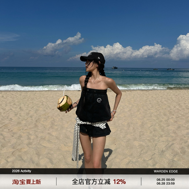 Hanhaotian Warden Edge Nautical Log Black Strapless One-Piece Shorts Women's Summer Slim Low-Waist Casual Pants