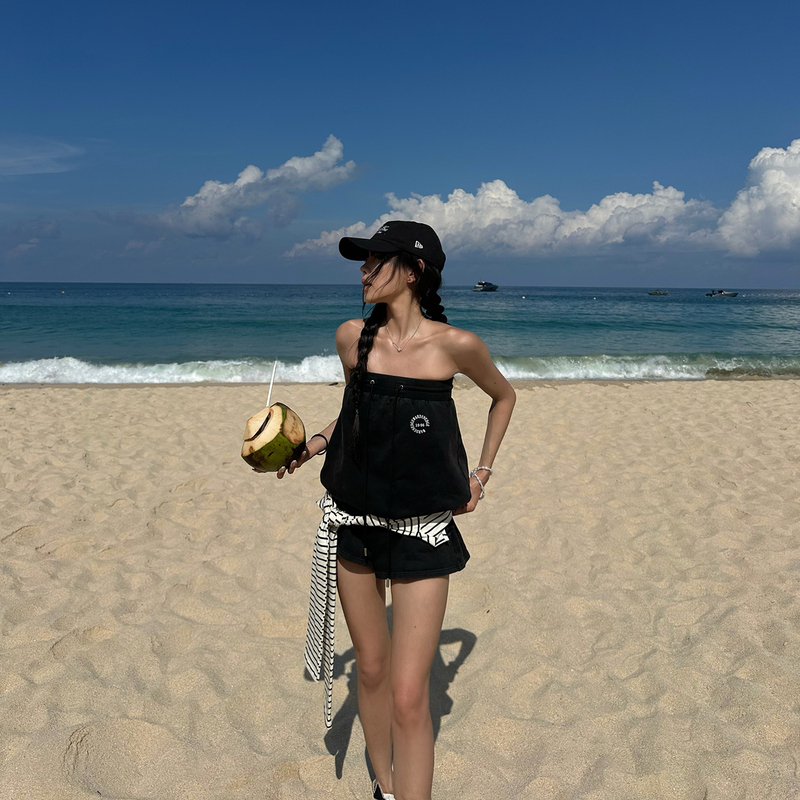 Hanhaotian Warden Edge Nautical Log Black Strapless One-Piece Shorts Women's Summer Slim Low-Waist Casual Pants Hanhaotian Warden Edge Nautical Log Black Strapless One-Piece Shorts Women's Summer Slim Low-Waist Casual Pants