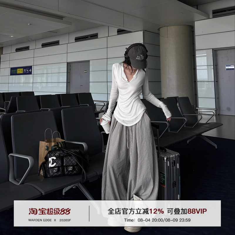 Korean Style Warden Edge Khaki Striped Casual Pants Spring and Summer Loose Slimming Wide-Leg Straight Pants