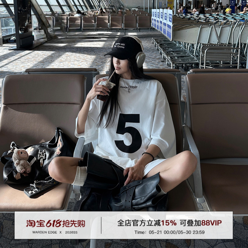 Han Hao Tian Warden Edge White Drop-Shoulder T-Shirt for Women, Loose and Lazy Style, Wide Version, Short-Sleeved, Round-Neck, Pure Cotton Top