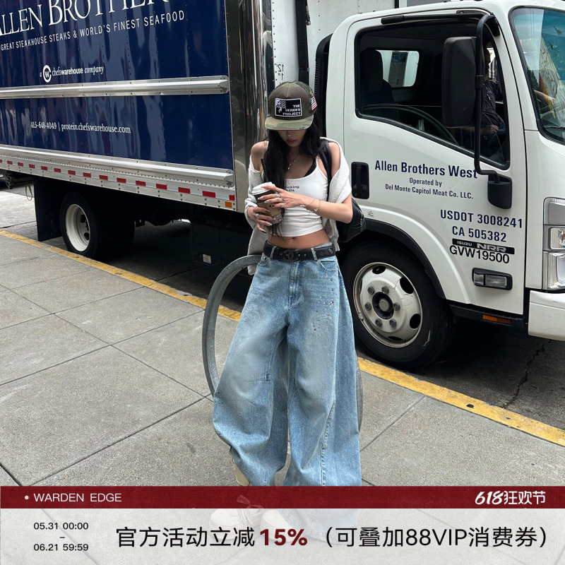 Korean Sweet Warden Edge Sparkling Denim Blue Washed Jeans for Women, Loose Low-Waist Wide-Leg Pants Korean Sweet Warden Edge Sparkling Denim Blue Washed Jeans for Women, Loose Low-Waist Wide-Leg Pants
