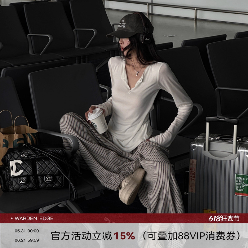 Han Hao Tian Warden Edge White Long-Sleeved T-Shirt for Women, New Spring and Autumn Slim-Fit Backless Henry Collar Top