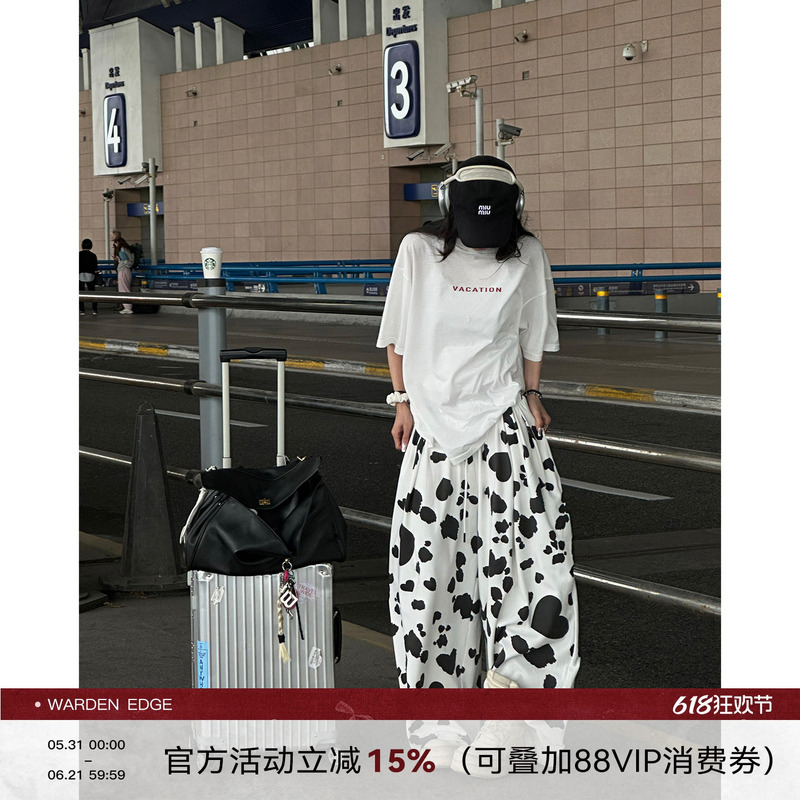 Han Hao Tian Warden Edge Heartbeat Mark Milk Pattern Print Casual Pants Women's Summer Loose Wide-Leg Pants Long Pants Han Hao Tian Warden Edge Heartbeat Mark Milk Pattern Print Casual Pants Women's Summer Loose Wide-Leg Pants Long Pants