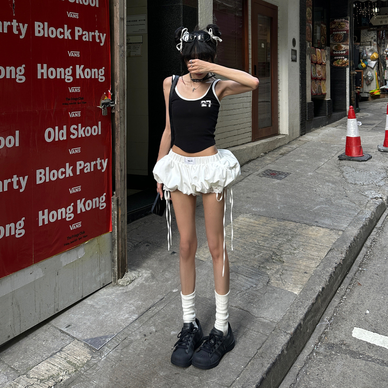 Han Hao Tian Warden Edge Cloud Frosting White Drawstring Bloomers Women's Summer Versatile Wide-Leg A-Line Shorts