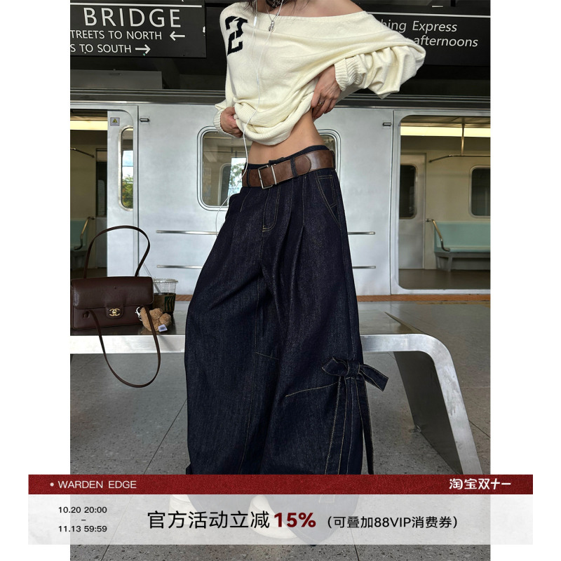 Korean Sweet Warden Edge Original Color Denim Jeans for Women, Autumn Bow Pocket Design Floor-Length Pants