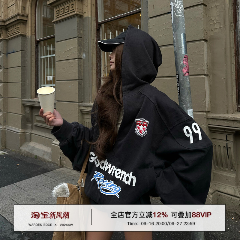 Korean Style Warden Edge American Style 400g Heavyweight Hooded Sweatshirt for Women, Autumn Armband Print Oversized Jacket
